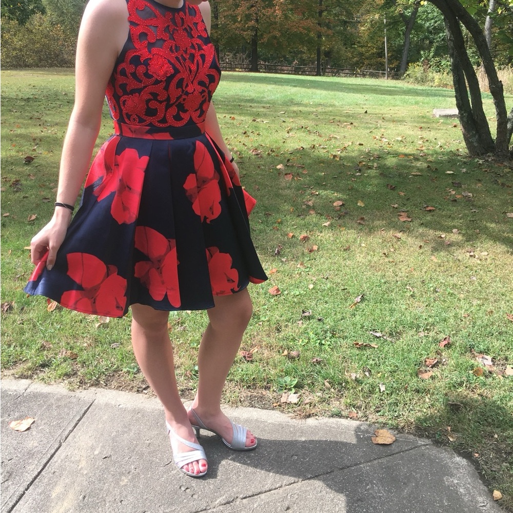 Glamour by Terani Couture red and blue embellished dress in size 6